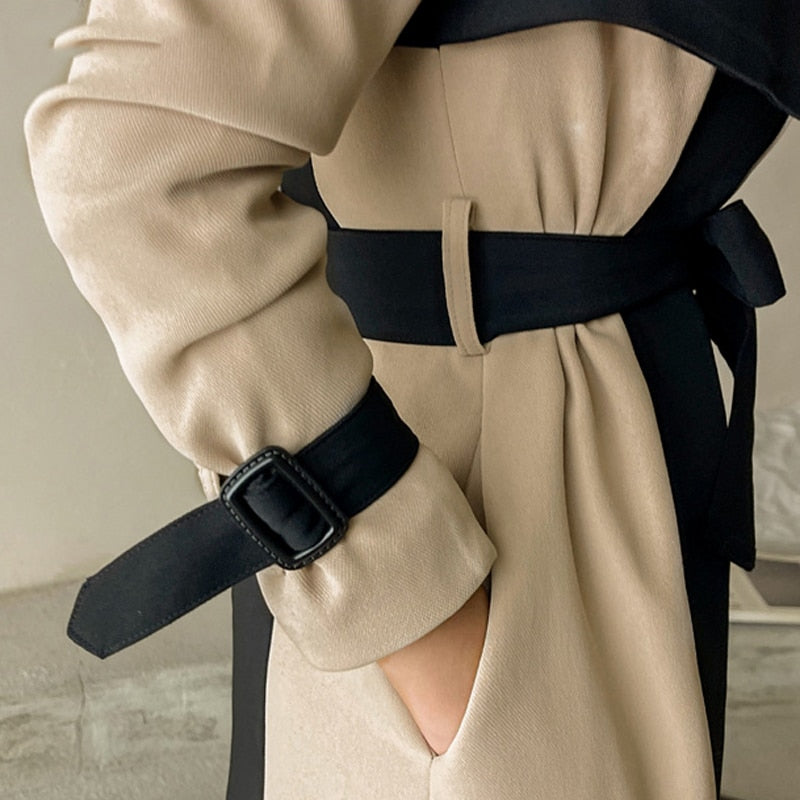Two-Tone Belted Trench Coat – Women’s Elegant Long Trench Coat