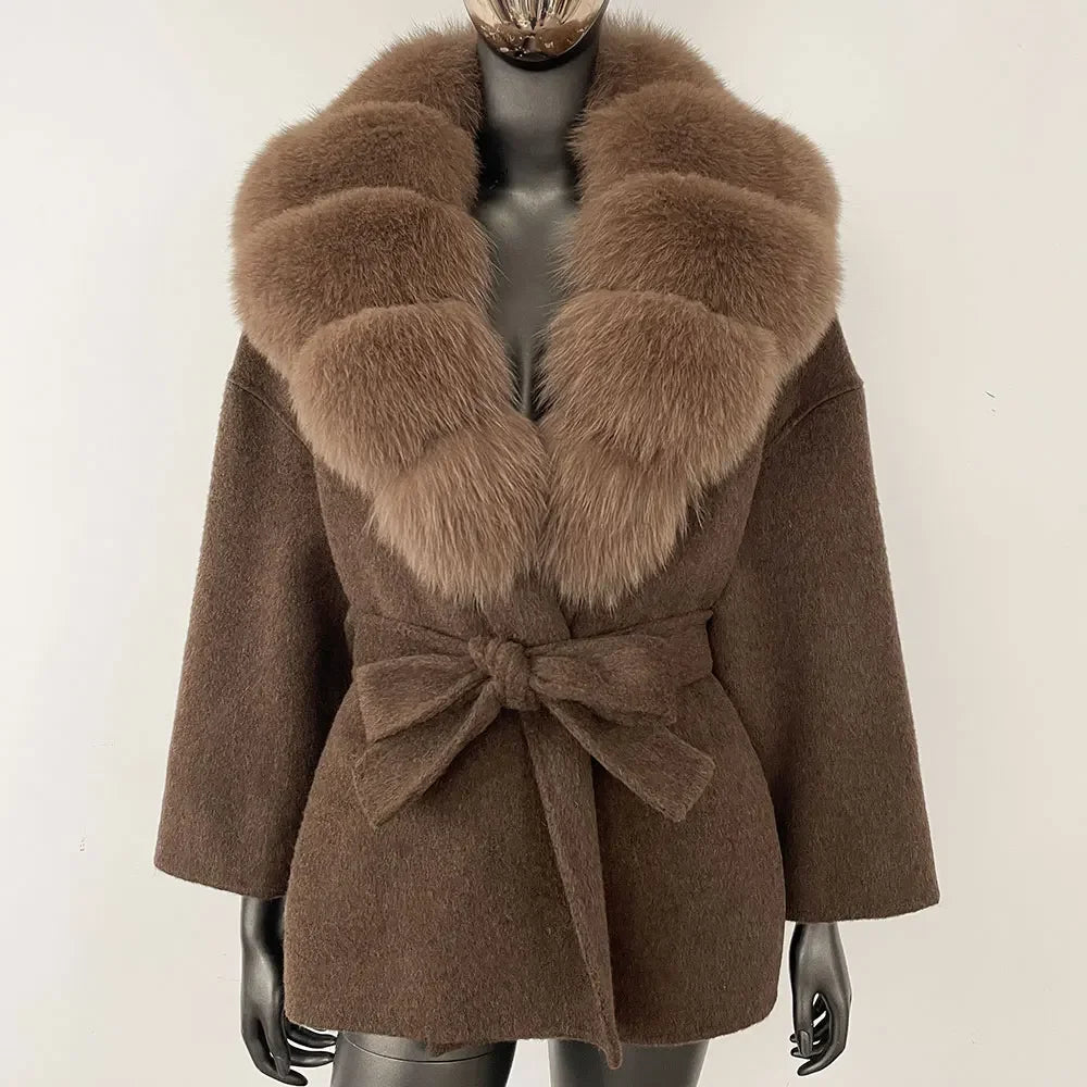 Wool Blend Coat with Fox Fur Collar – Women’s Luxury Winter Coat