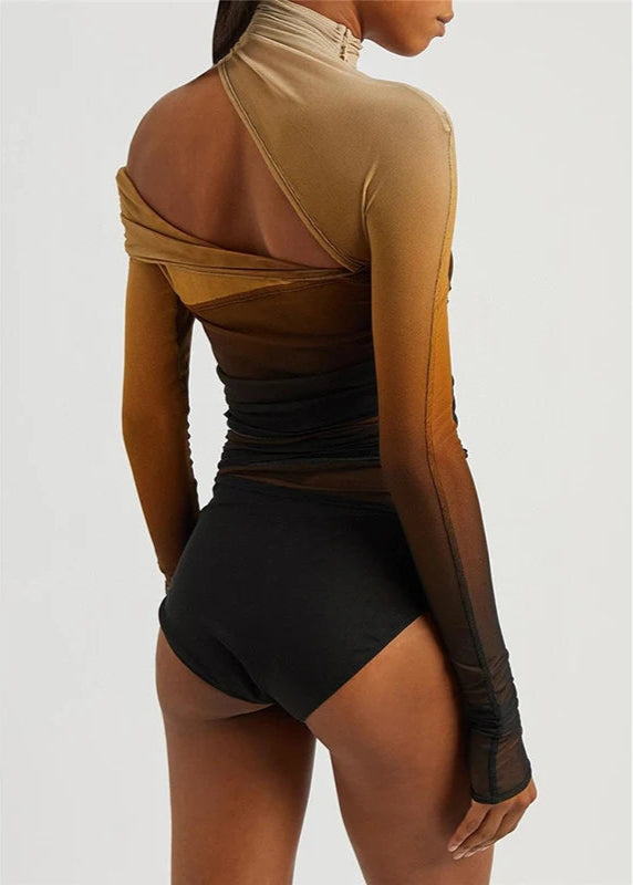 Women’s mesh jumpsuit top with long sleeves and hollow-out shoulder.