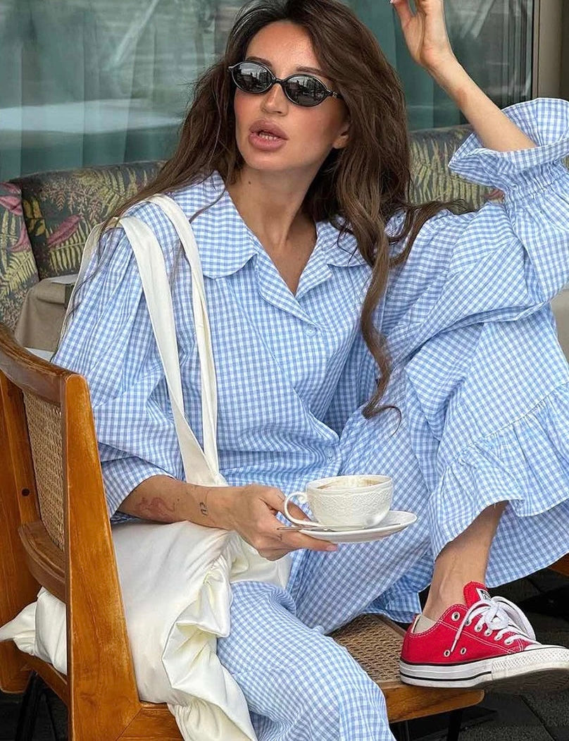 Plaid Two Piece Set with Oversized Shirt and Wide Leg Pants – Women’s Matching Set