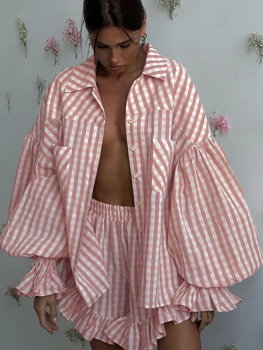 Plaid Two Piece Set with Ruffle Skirt – Women’s Matching Shirt and Skirt Set