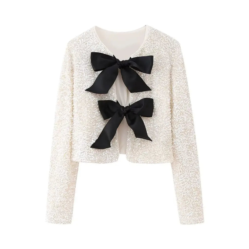 Sequin Cropped Jacket with Bow Detail – Women’s Elegant Party Jacket