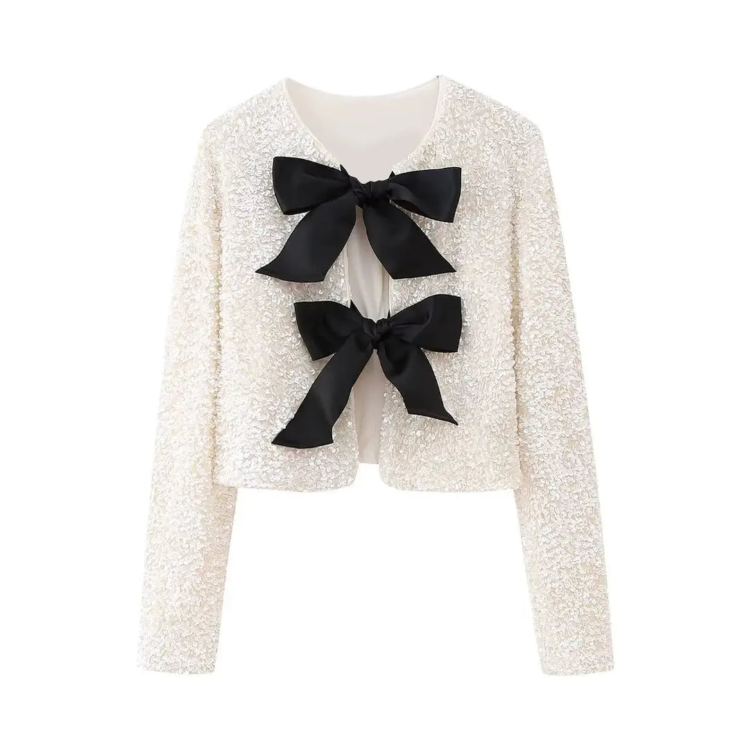 Sequin Cropped Jacket with Bow Detail – Women’s Elegant Party Jacket