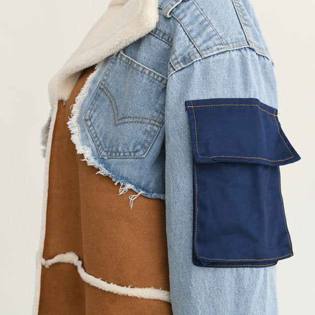 Bridget Patchwork Denim Coat with Faux Shearling – Women’s Long Winter Coat