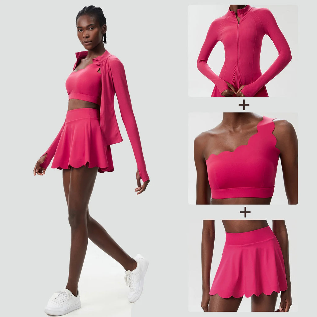 3 Piece Women’s Fitness Yoga Set – Quick Dry Gym Outfit with Sports Bra, Skirt & Cover Top