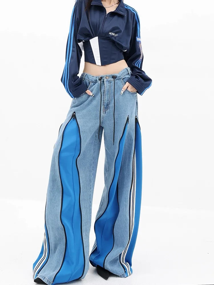 Women’s trendy contrast denim pants in blue loose fit