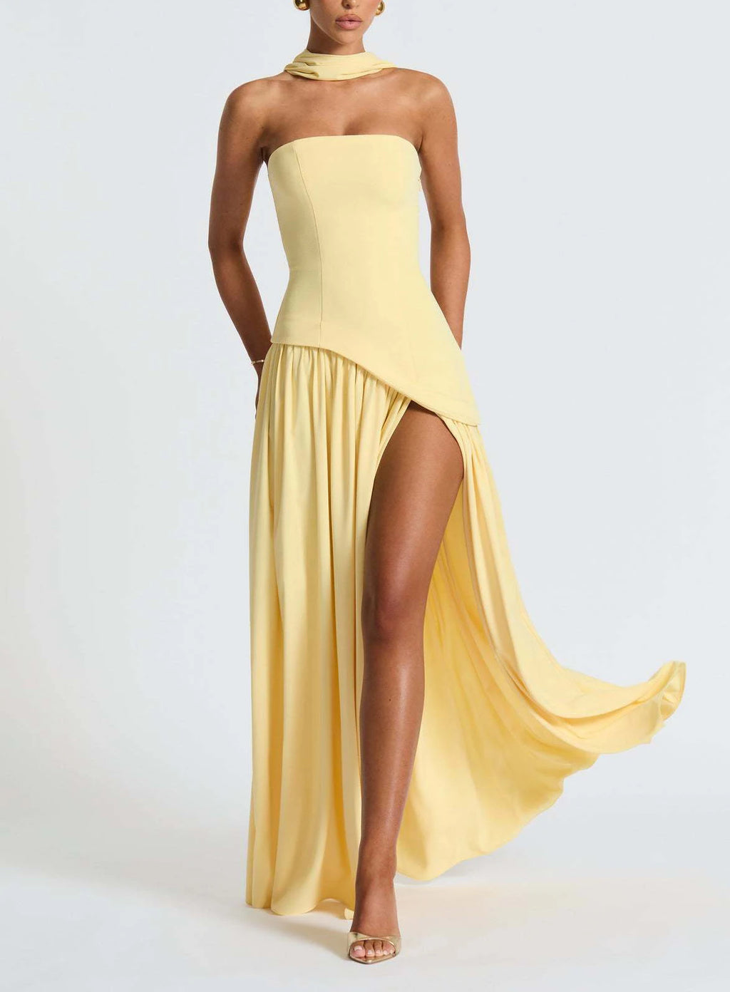 Strapless Pleated Maxi Dress with Scarf Detail and High Slit for Women