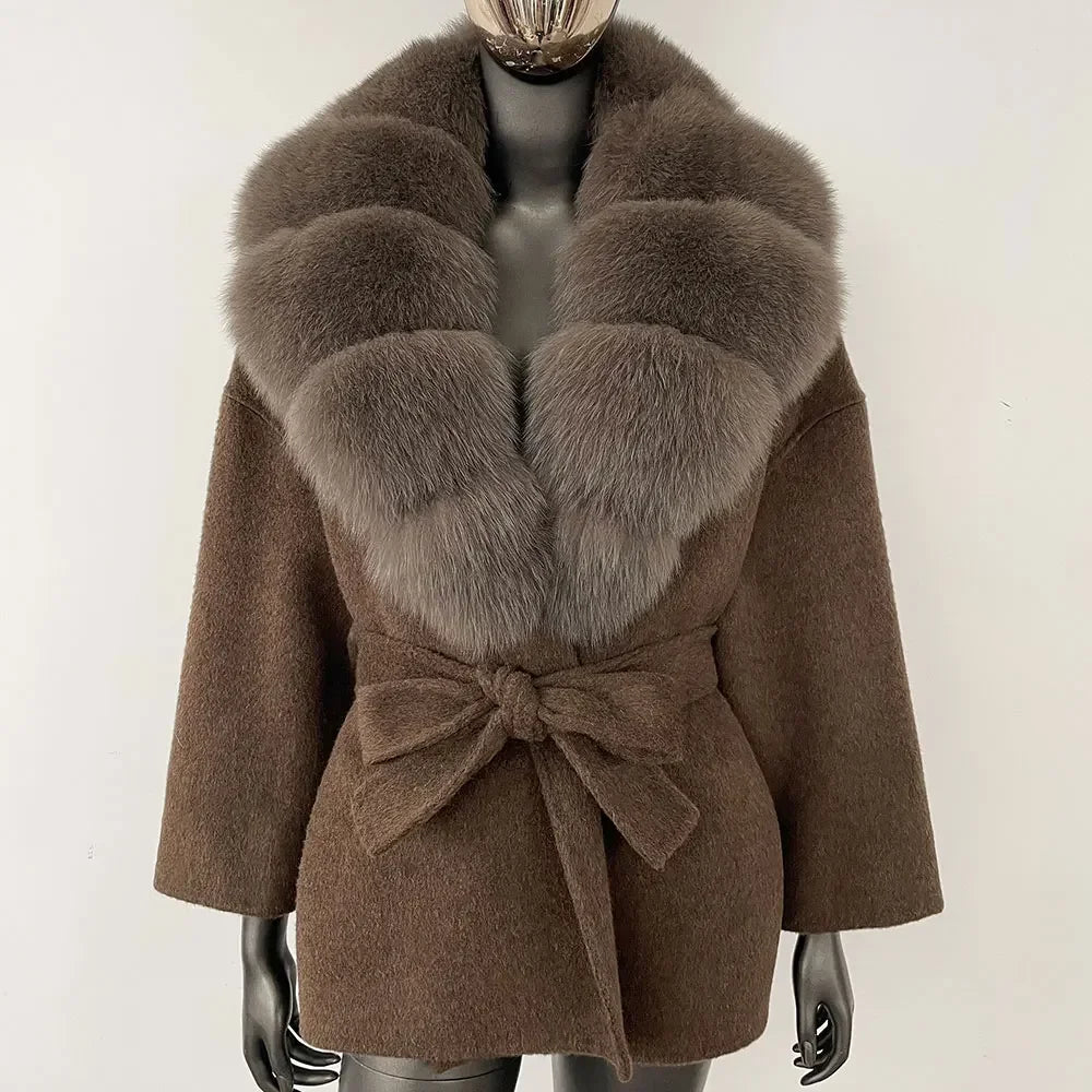 Wool Blend Coat with Fox Fur Collar – Women’s Luxury Winter Coat