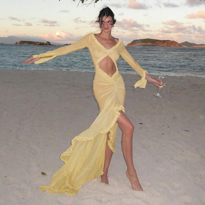 CUT OUT MESH MAXI DRESS RUFFLES SLEEVES