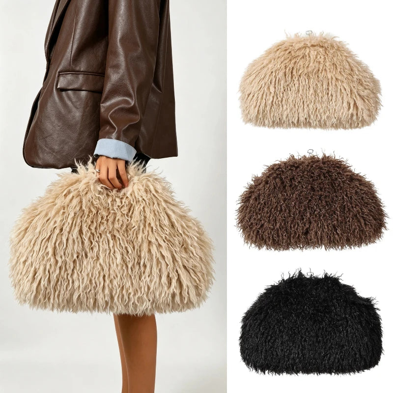 Apricot beige oversized fuzzy kiss-lock clutch bag with shaggy texture