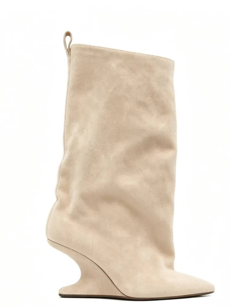 Sculptural Wedge Pointed-Toe Mid-Calf Boots