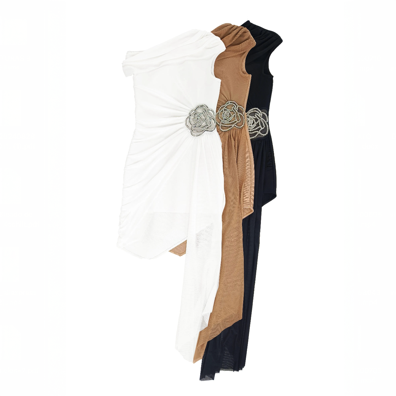 ONE SHOULDER DRAPED MINI DRESS with SIDE TRAIN