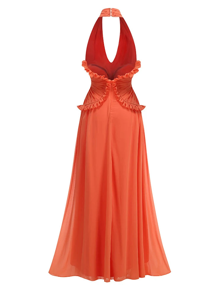 Coral Halter Maxi Dress – Backless V Neck Ruffle Evening Gown