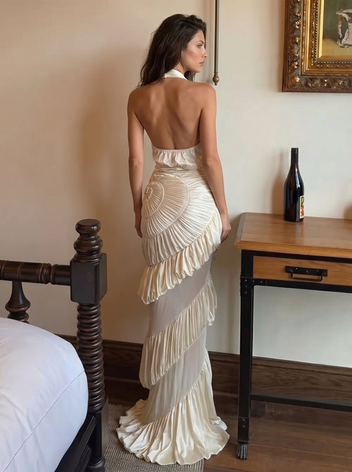 Beige Halter Mermaid Maxi Dress – 3D Ruffle Waist-Cinching Evening Gown