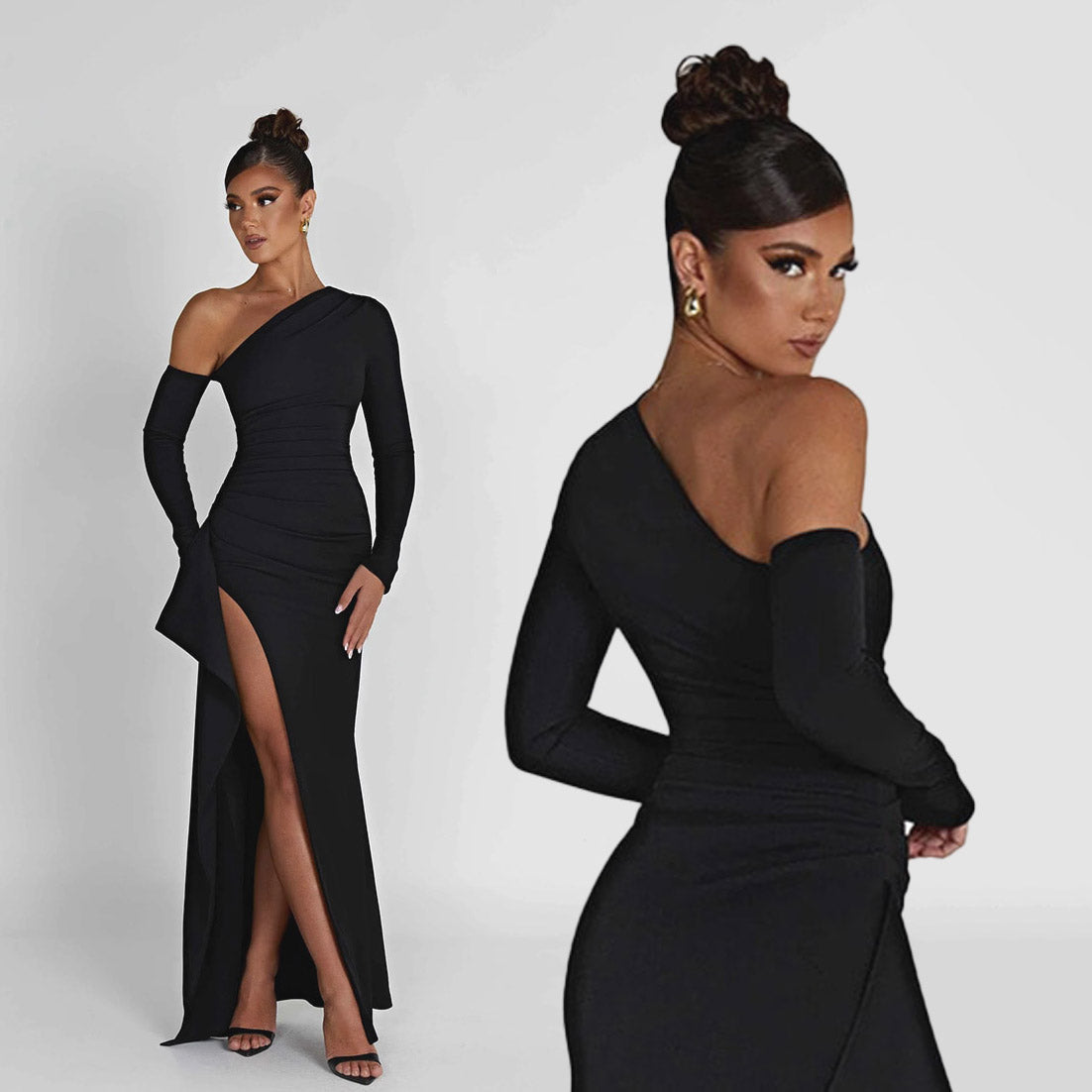 HOLLARD ONE SHOULDER HIGHT SLIT BLACK MAXI DRESS