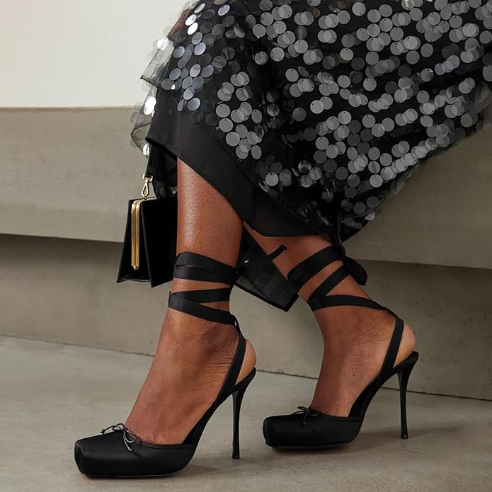 Elegant Satin High-Heeled Sandals with Ankle Straps | Square Toe Party Shoes for Women