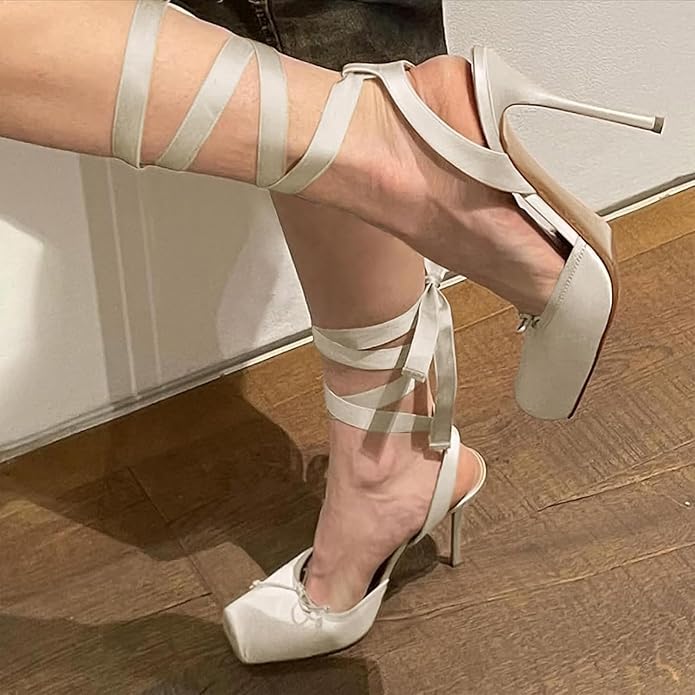 Elegant Satin High-Heeled Sandals with Ankle Straps | Square Toe Party Shoes for Women