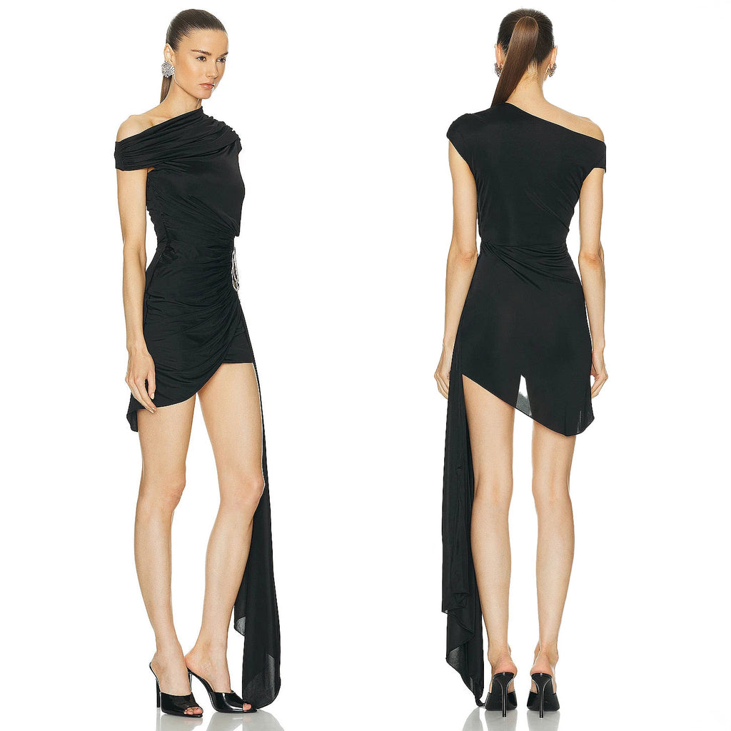 ONE SHOULDER DRAPED MINI DRESS with SIDE TRAIN