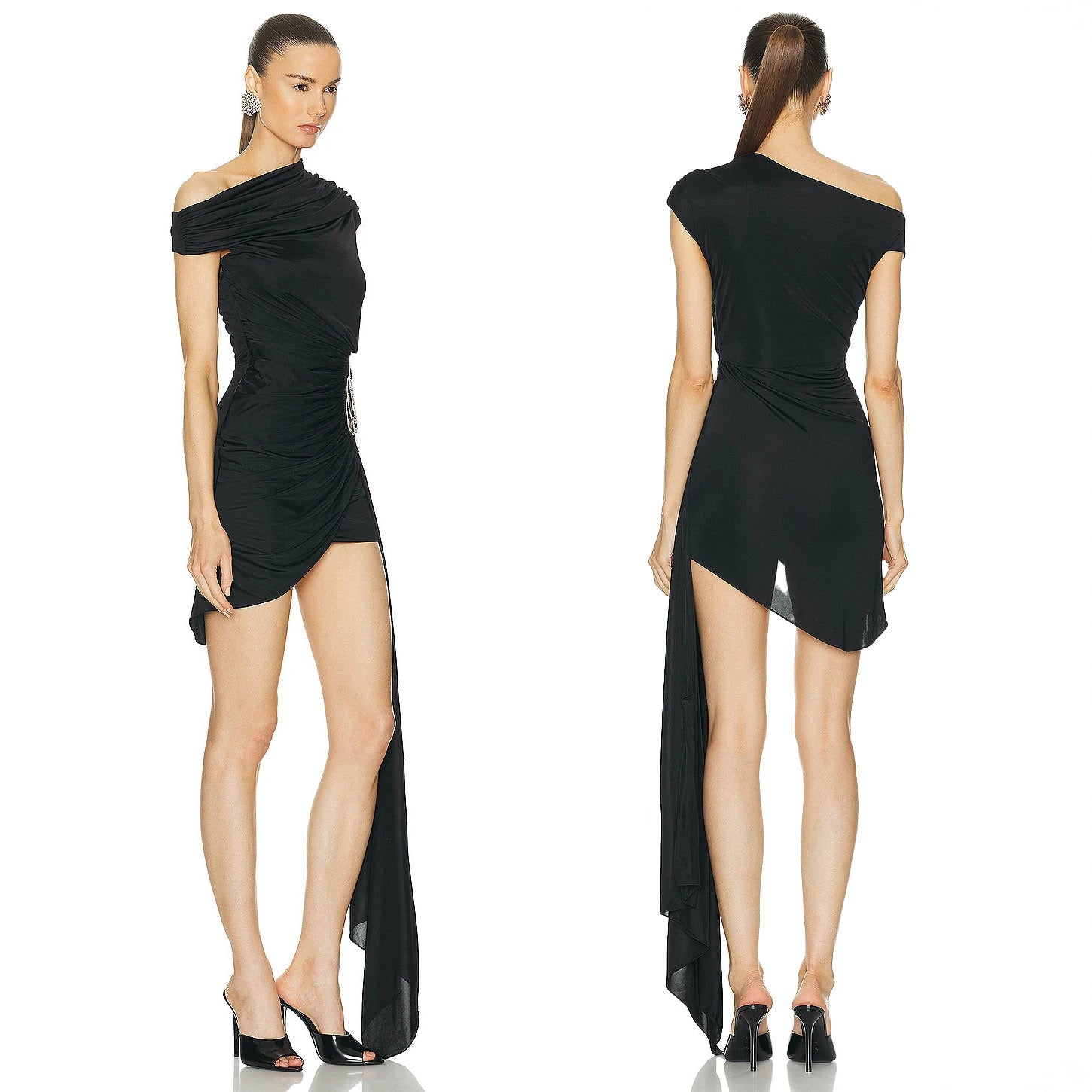 ONE SHOULDER DRAPED MINI DRESS with SIDE TRAIN