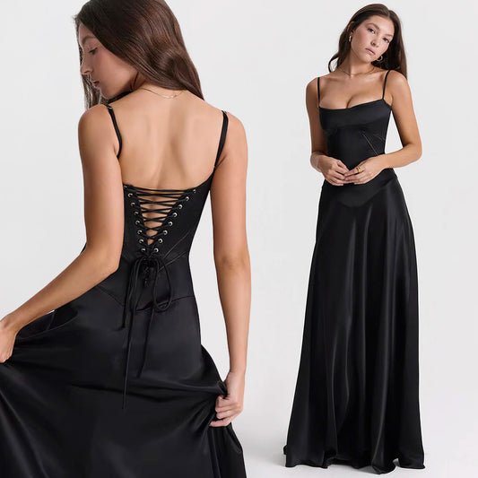 BLACK SATIN LACE-UP BACKLESS MAXI DRESS