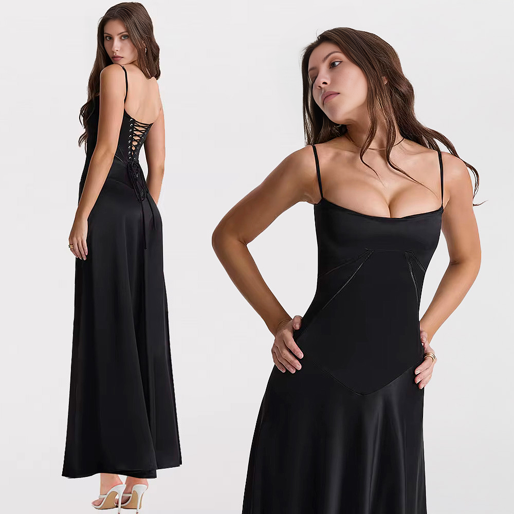 BLACK SATIN LACE-UP BACKLESS MAXI DRESS