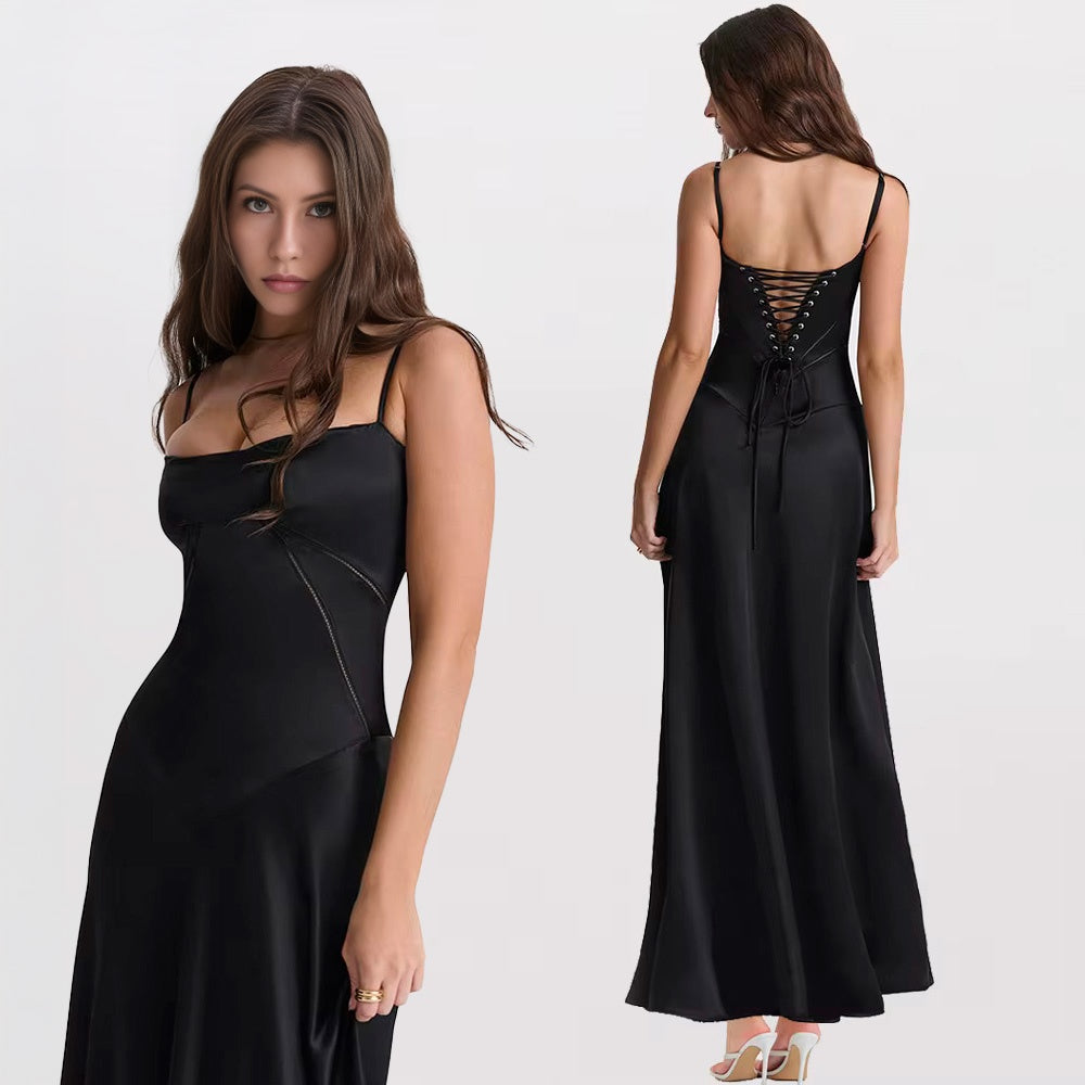 BLACK SATIN LACE-UP BACKLESS MAXI DRESS