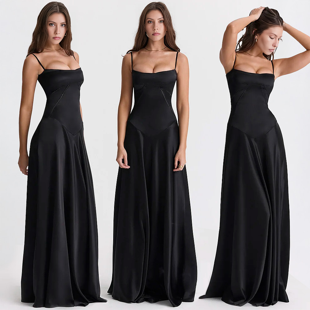 BLACK SATIN LACE-UP BACKLESS MAXI DRESS