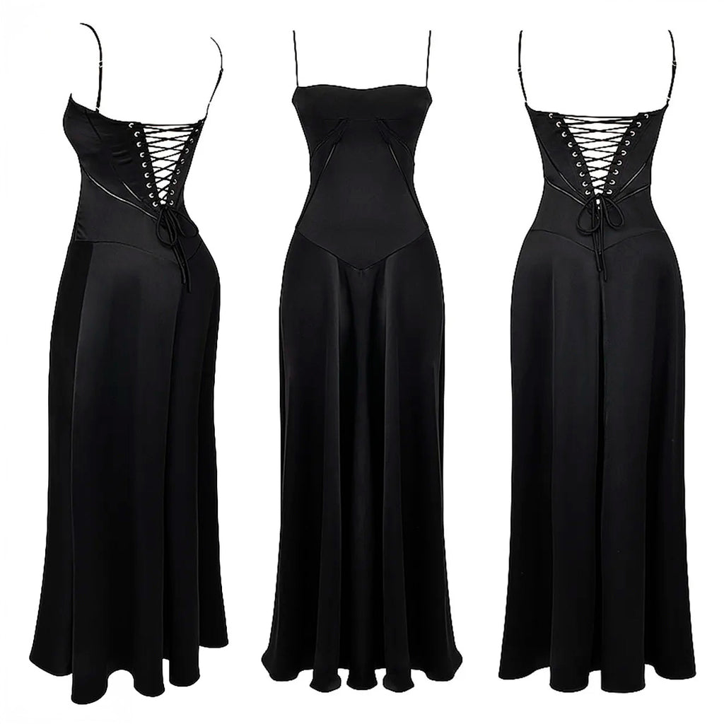 BLACK SATIN LACE-UP BACKLESS MAXI DRESS