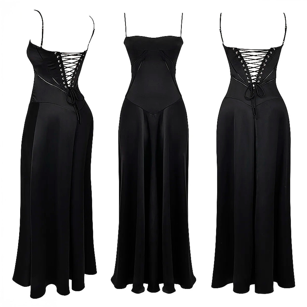 BLACK SATIN LACE-UP BACKLESS MAXI DRESS