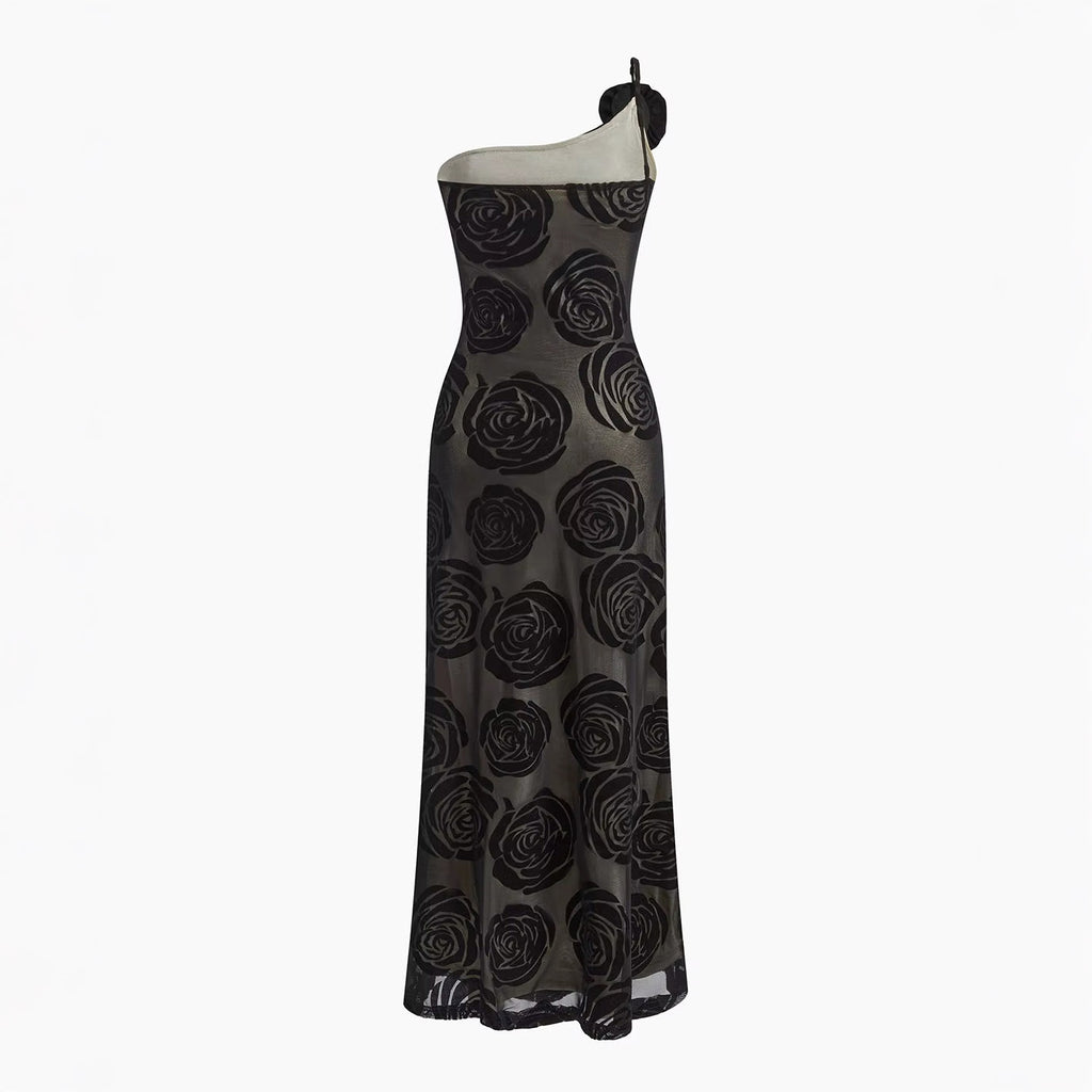 ONE SHOULDER BLACK ROSES MAXI DRESS