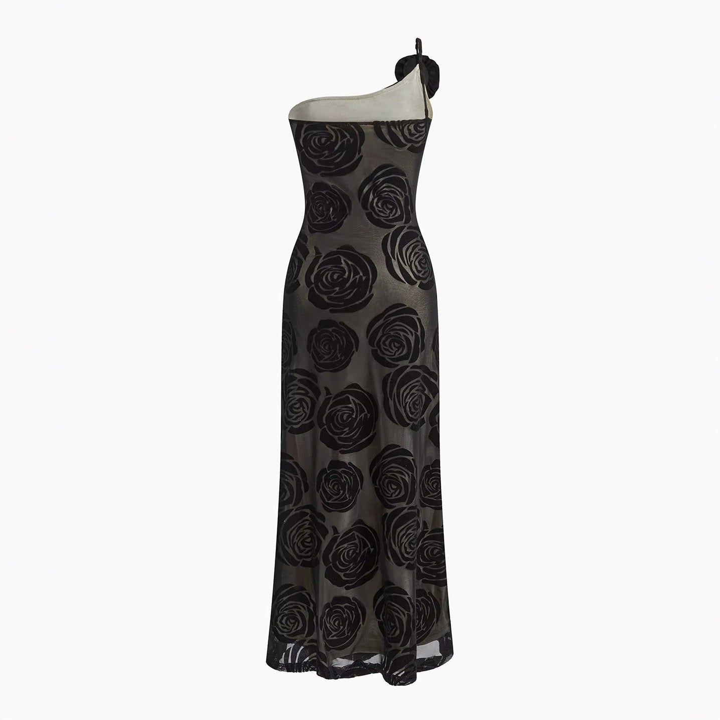 ONE SHOULDER BLACK ROSES MAXI DRESS