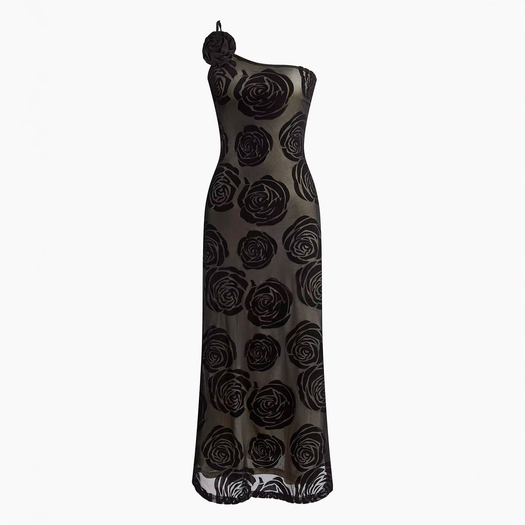 ONE SHOULDER BLACK ROSES MAXI DRESS