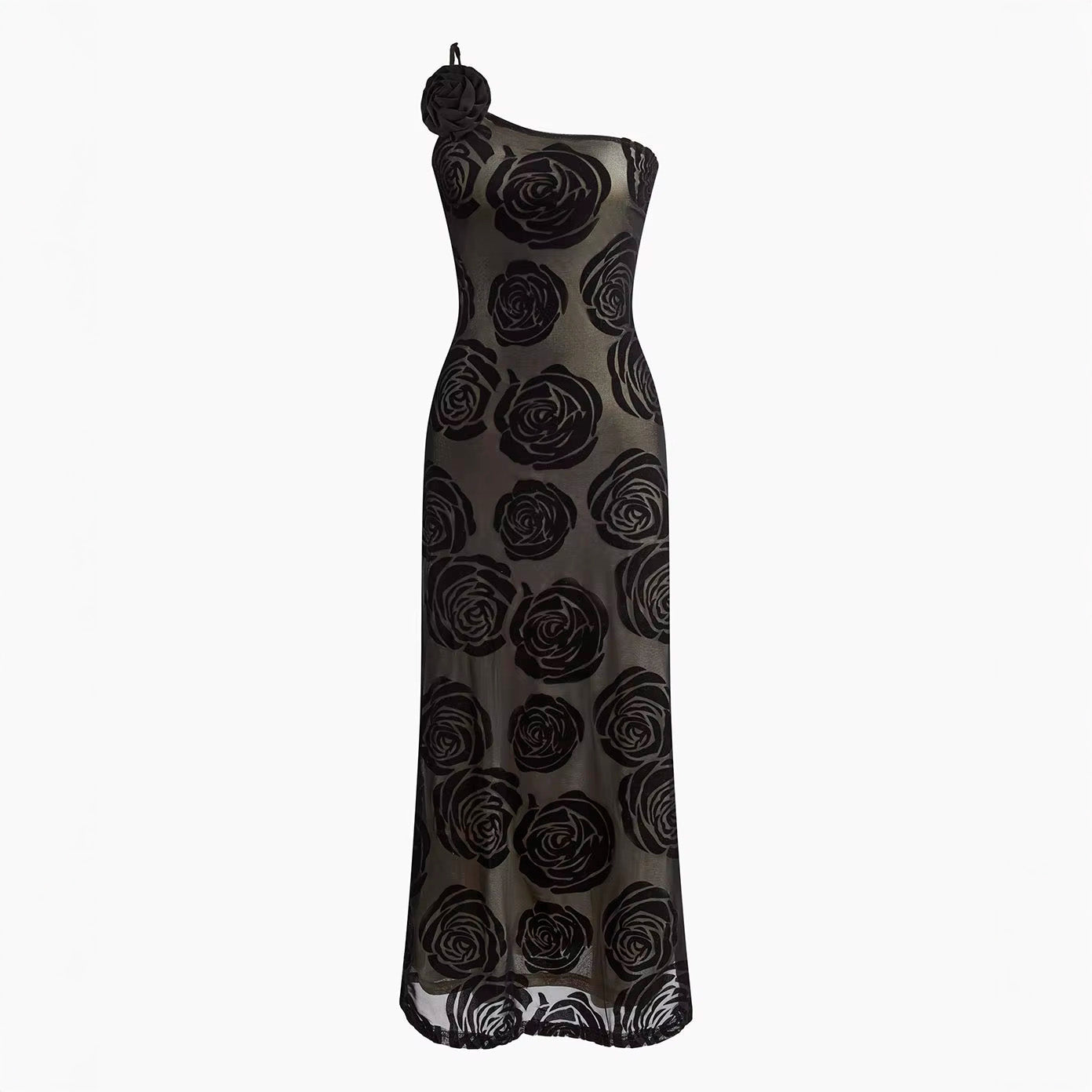 ONE SHOULDER BLACK ROSES MAXI DRESS