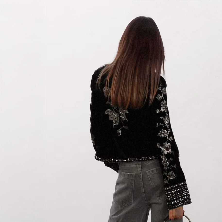CASUAL VELVET EMBROIDERED ORNAMENT BLACK JACKET
