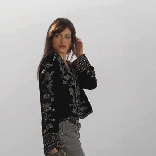 CASUAL VELVET EMBROIDERED ORNAMENT BLACK JACKET