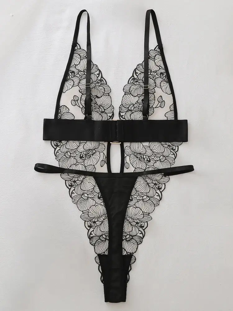 Black embroidered mesh teddy bodysuit with adjustable straps and open sides