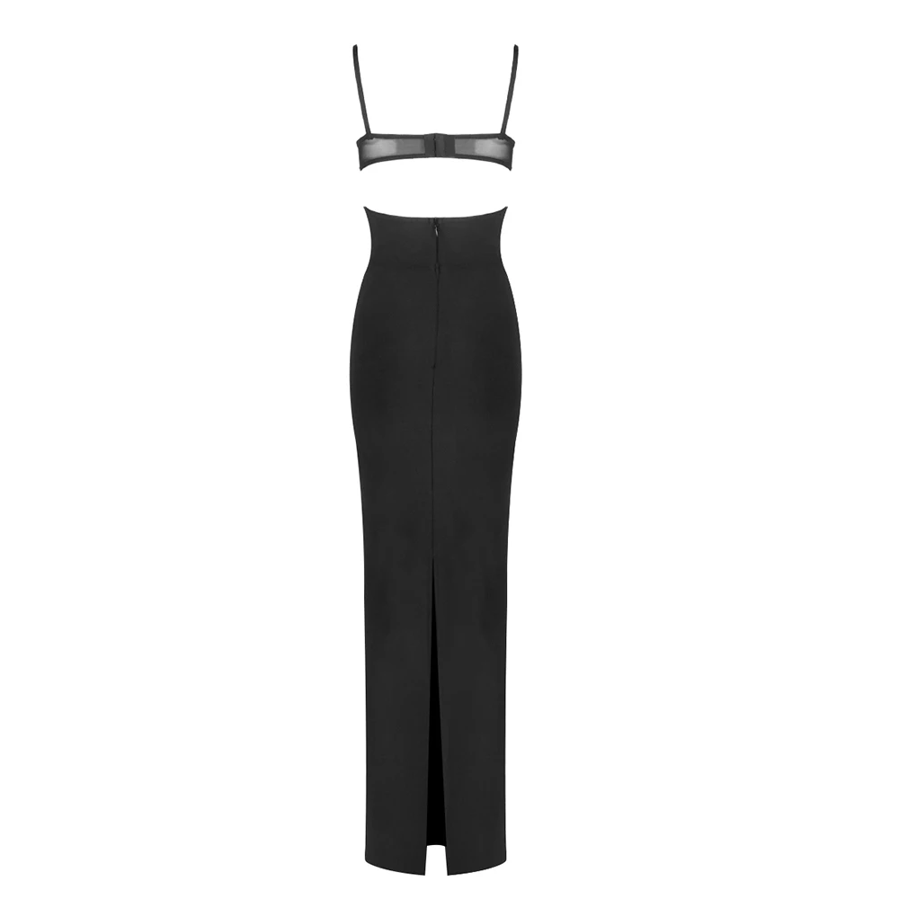 Black Mesh Cut-Out Bodycon Maxi Dress – Elegant Backless Evening Gown