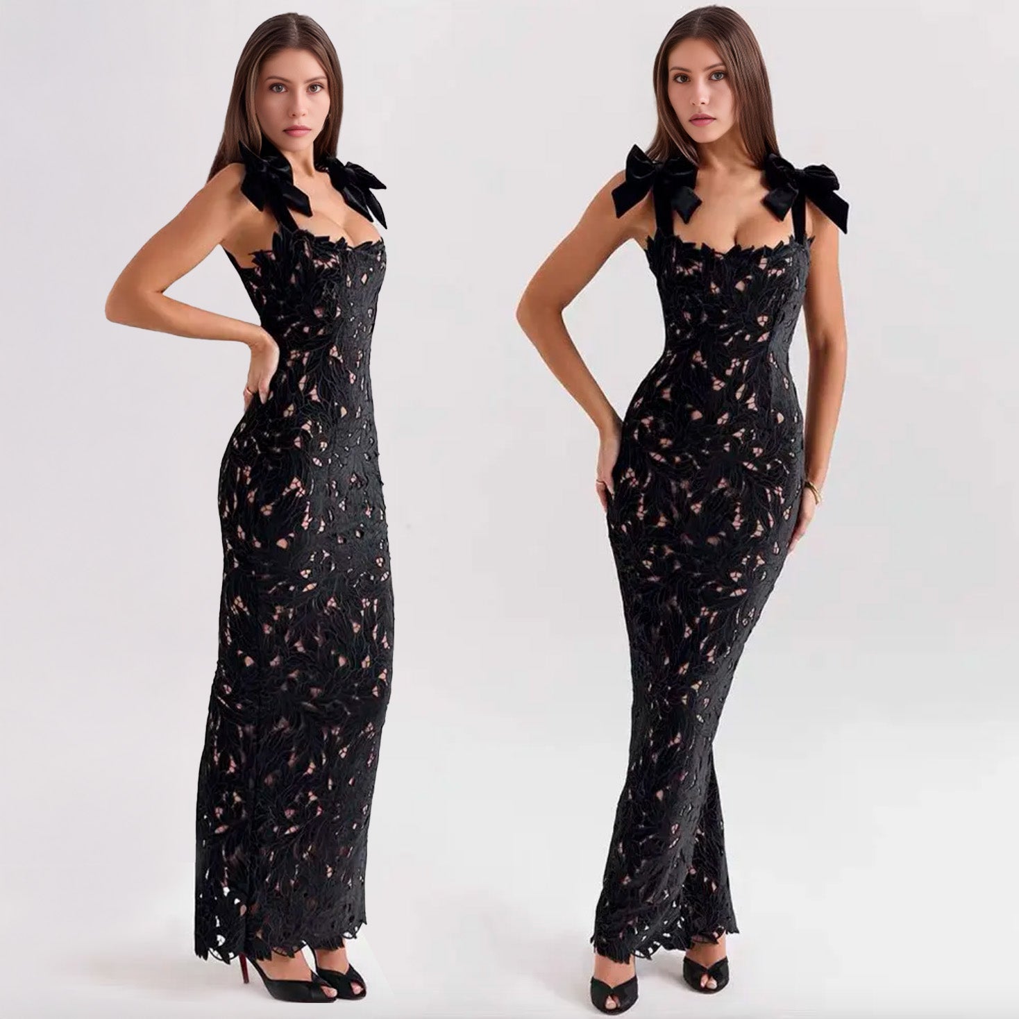 BOWS STRAPS LACE MAXI DRESS