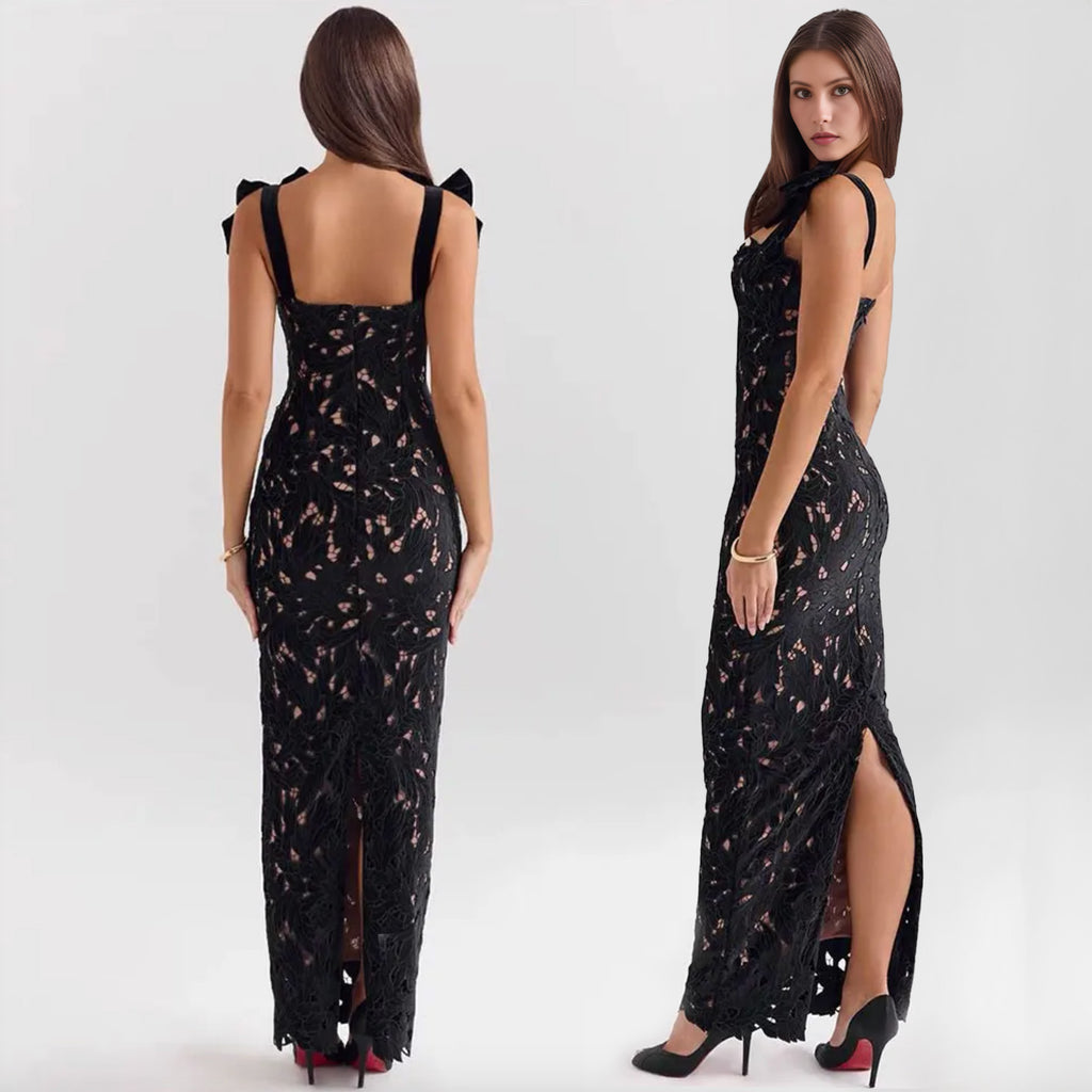 BOWS STRAPS LACE MAXI DRESS