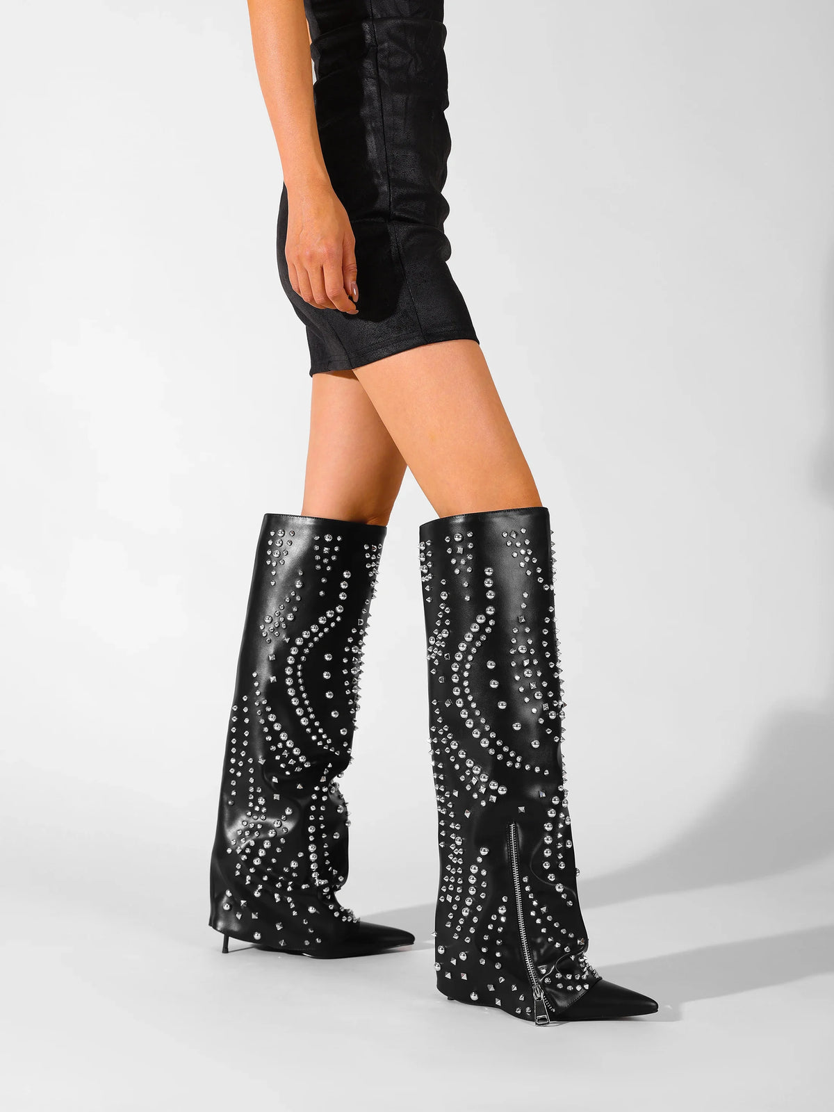 Studded Rhinestone Pointed-Toe Knee-High Boots