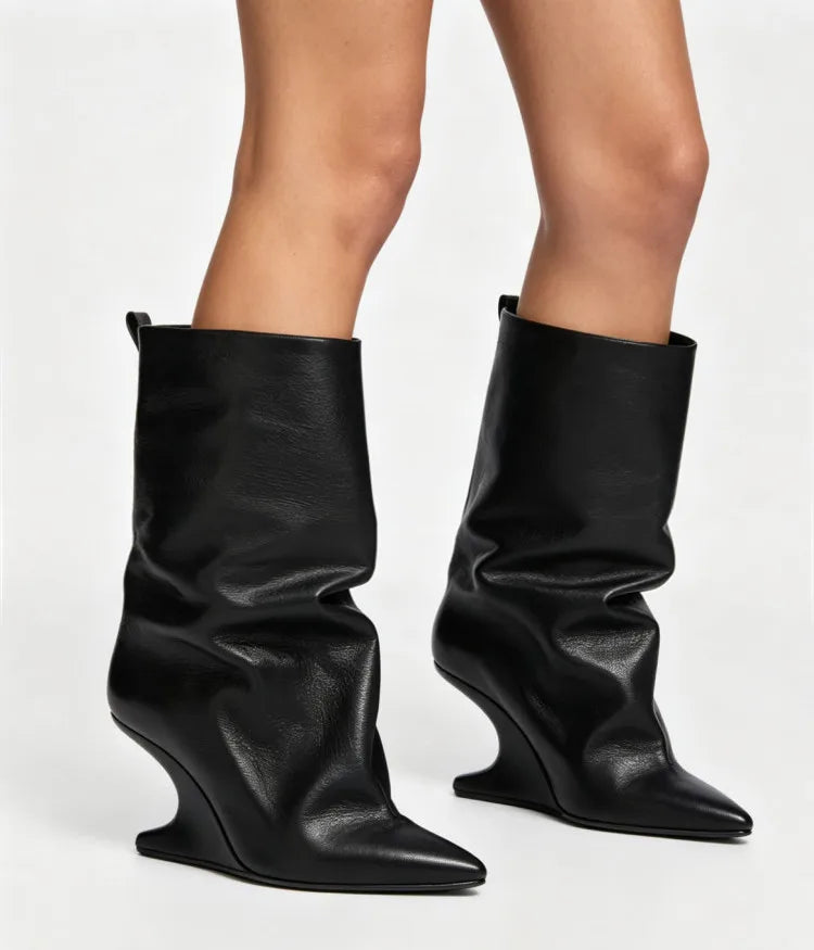 Sculptural Wedge Pointed-Toe Mid-Calf Boots