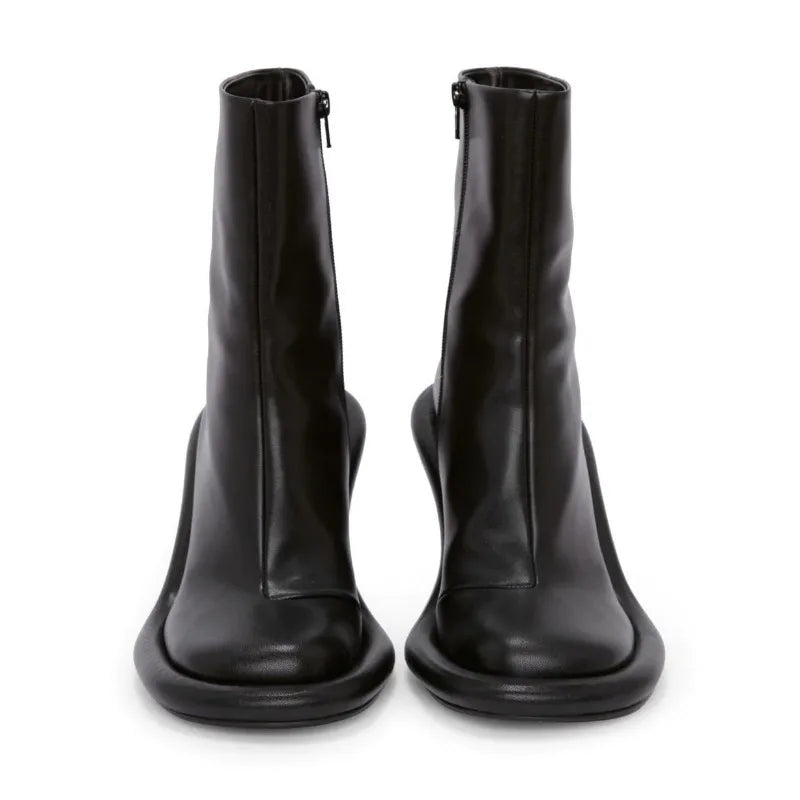 Sculptural Flared-Heel Square-Toe Ankle Boots