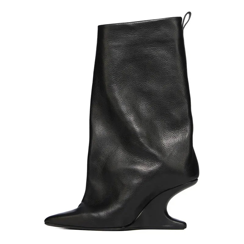 Sculptural Wedge Pointed-Toe Mid-Calf Boots