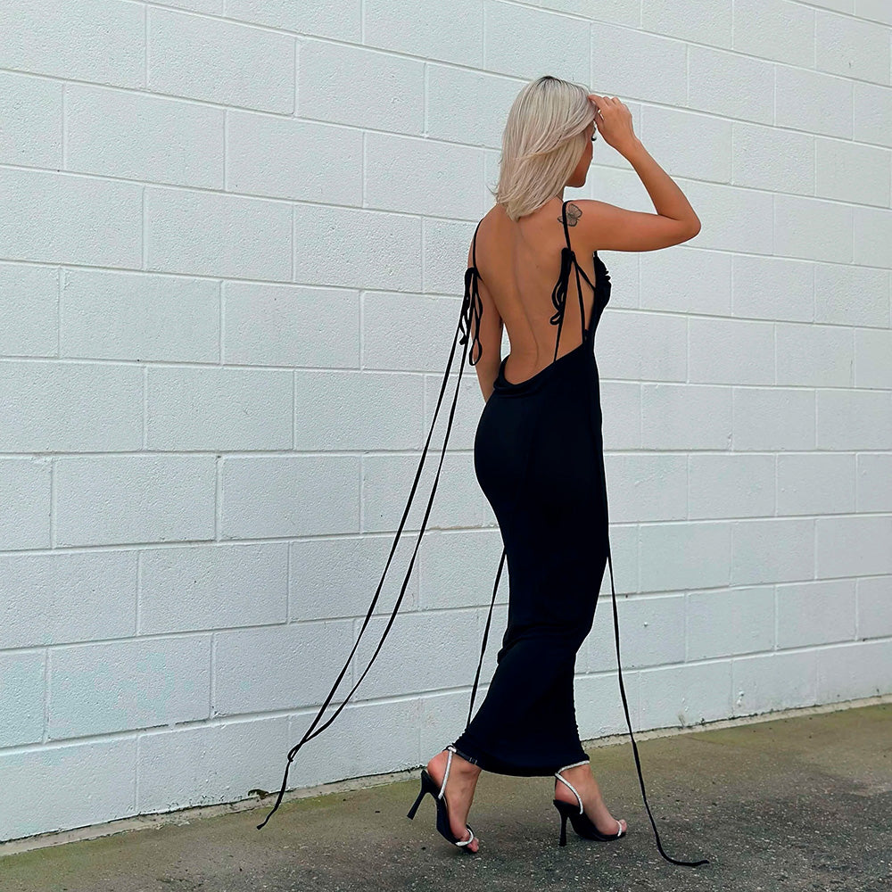 JOELLE BACKLESS LACE UP MAXI DRESS