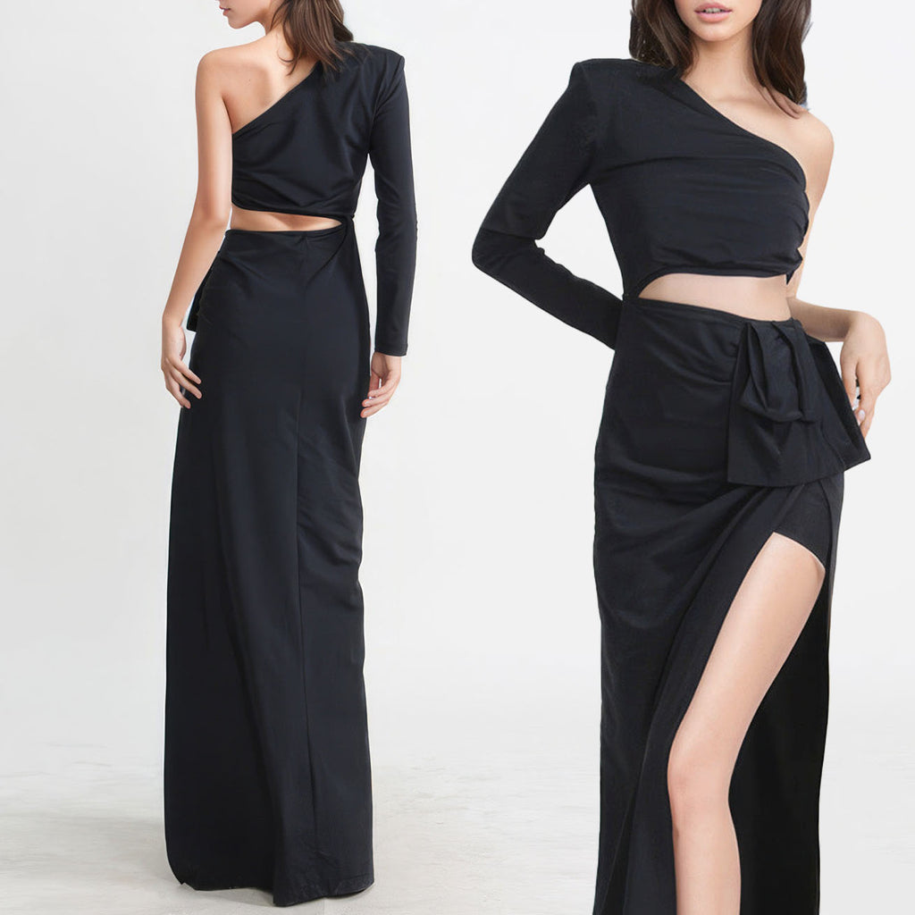 ALIA MAXI BLACK ONE SHOULDER HIGHT SLIT CUT OUT DRESS