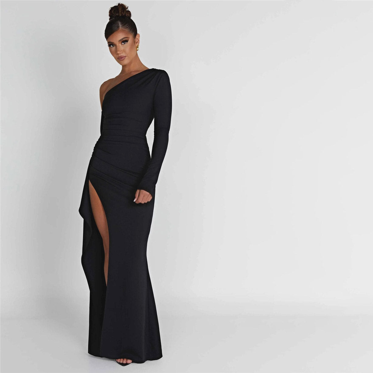 HOLLARD ONE SHOULDER HIGHT SLIT BLACK MAXI DRESS