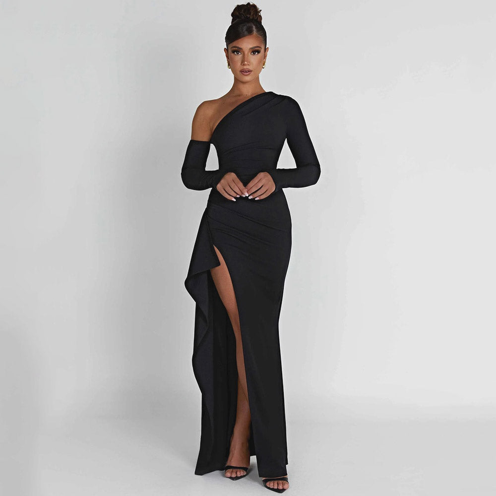 HOLLARD ONE SHOULDER HIGHT SLIT BLACK MAXI DRESS
