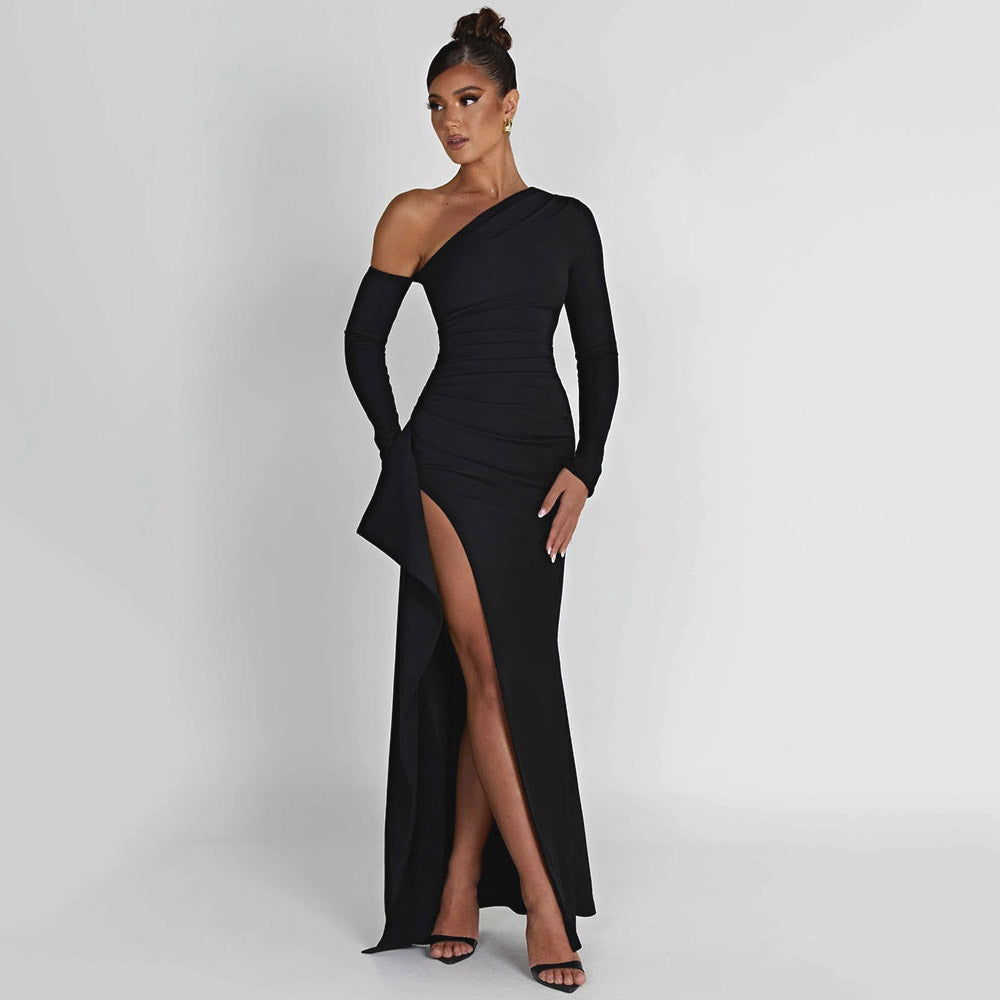 HOLLARD ONE SHOULDER HIGHT SLIT BLACK MAXI DRESS