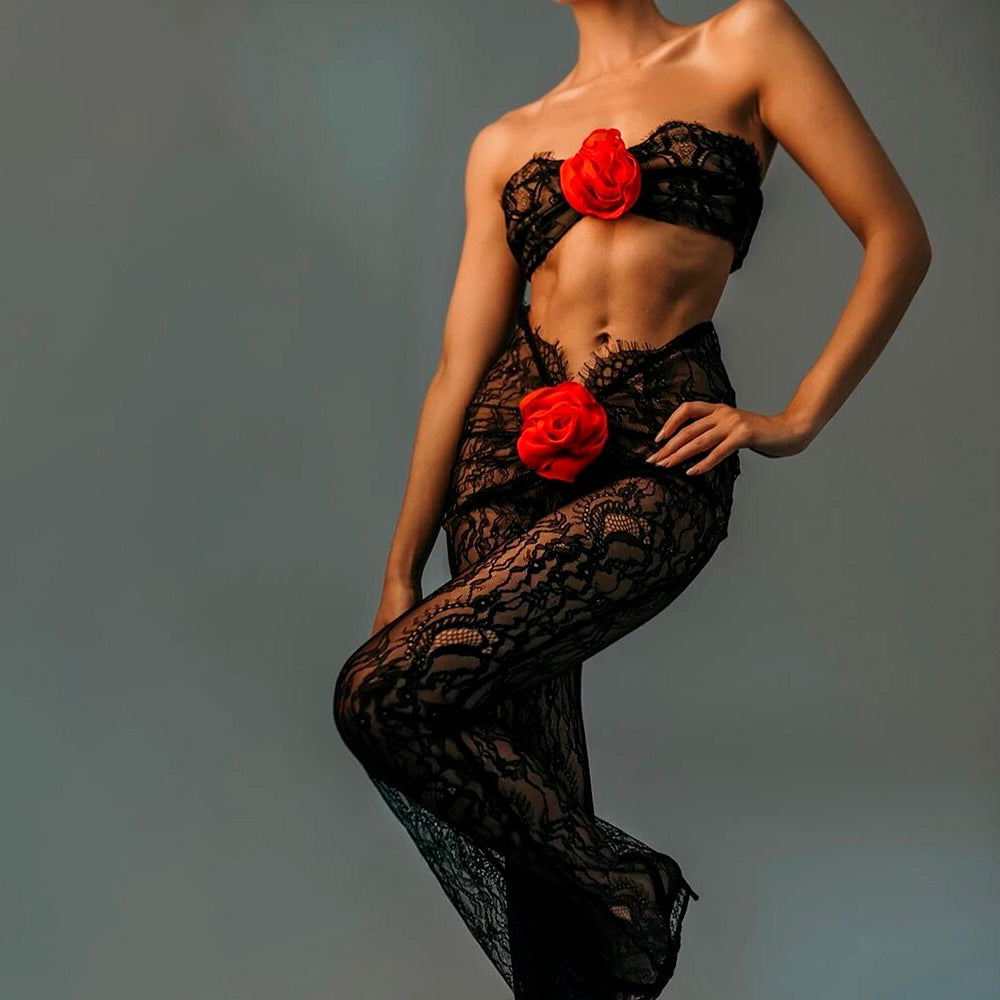 ALLEM CUT OUT LACE JUMPSUIT with RED ROSE BOWS
