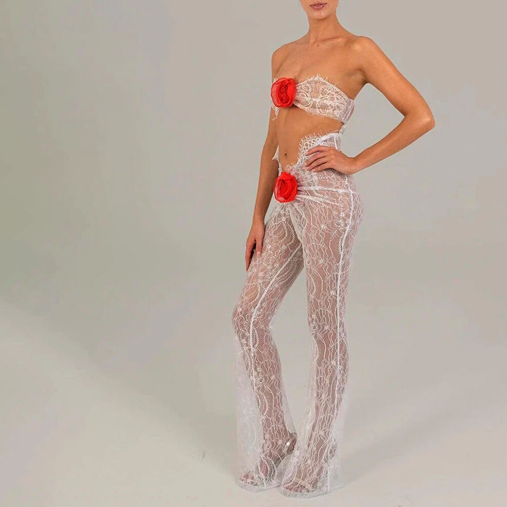 ALLEM CUT OUT LACE JUMPSUIT with RED ROSE BOWS